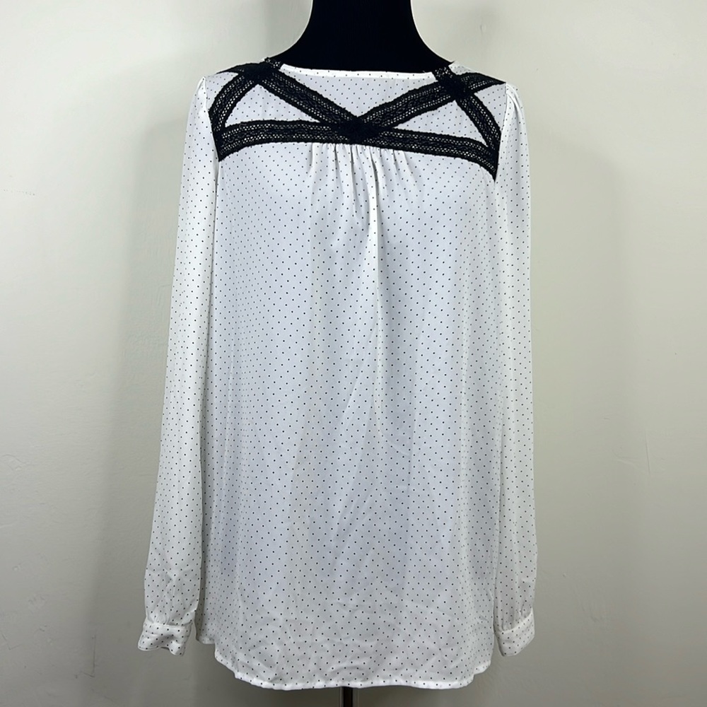 ANN TAYLOR LOFT White Black Dotted Blouse XS